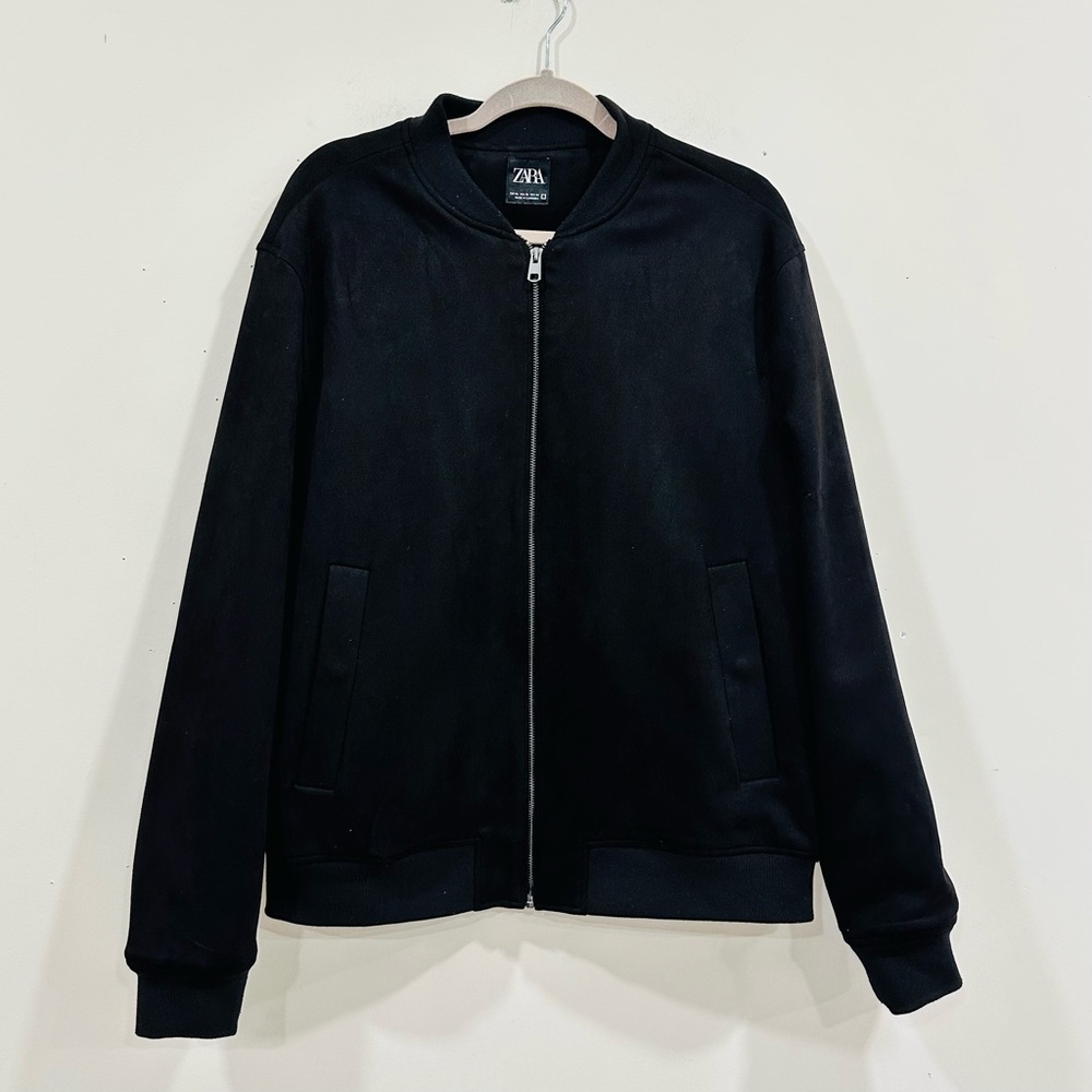 Zara Jacket Mens Size XL Black Bomber Velour Zipper Pockets Varsity Casual